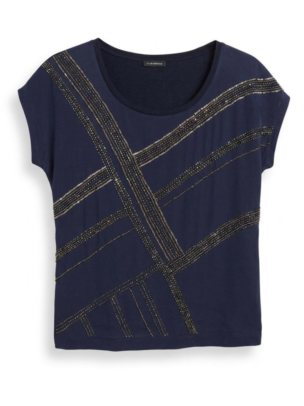 Club Monaco Silk Embellished Short Sleeve Top - Navy Blue - XS